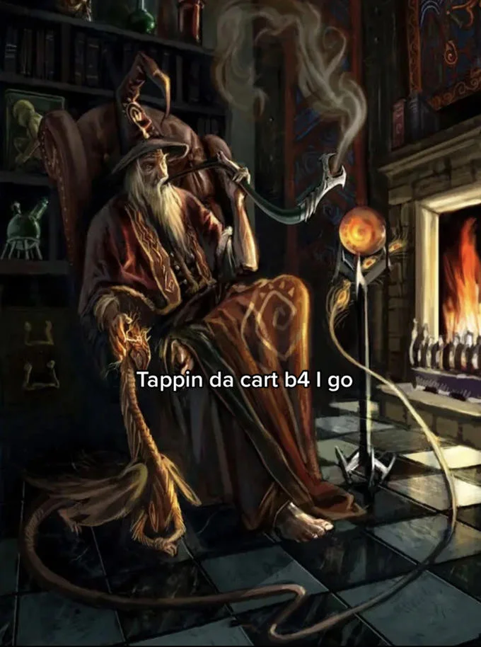 Wizardposting — Wizard smoking pipe by fireplace captioned 'Tappin da cart b4 I go'