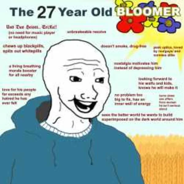 Wojak Bloomer — 27 Year Old Bloomer character with wide grin in blue sweater against yellow background with personality trait labels.