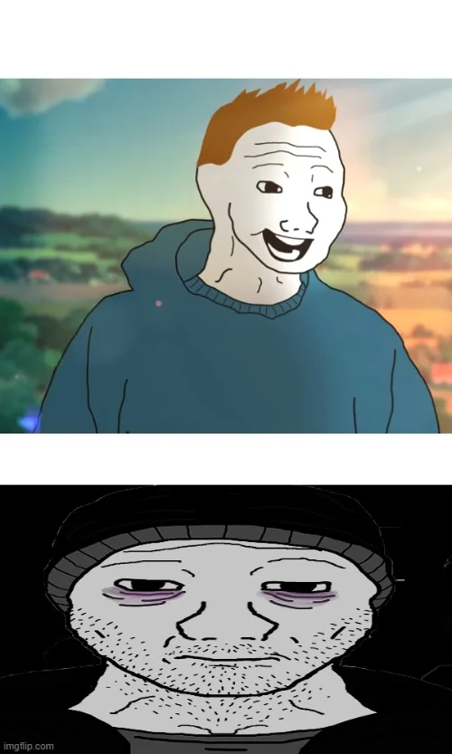 Wojak Bloomer — Split composition with smiling Bloomer in daylight above contrasted with sad face in darkness below.