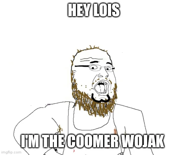 Wojak Coomer — Classic Coomer Wojak character with brown messy hair and beard in characteristic pose with text labels.