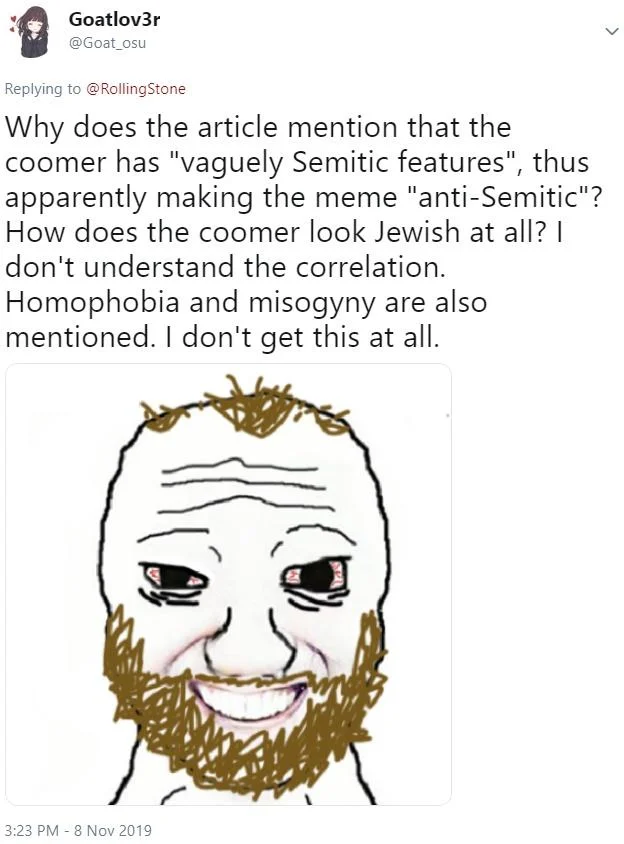 Wojak Coomer — Twitter post examining Coomer Wojak character and discussing design features.