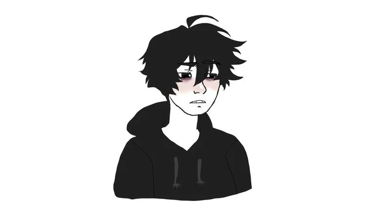 Wojak Doomer — Clean illustration of male Doomer with dark spiky hair, pale face, melancholic expression, dark hoodie.