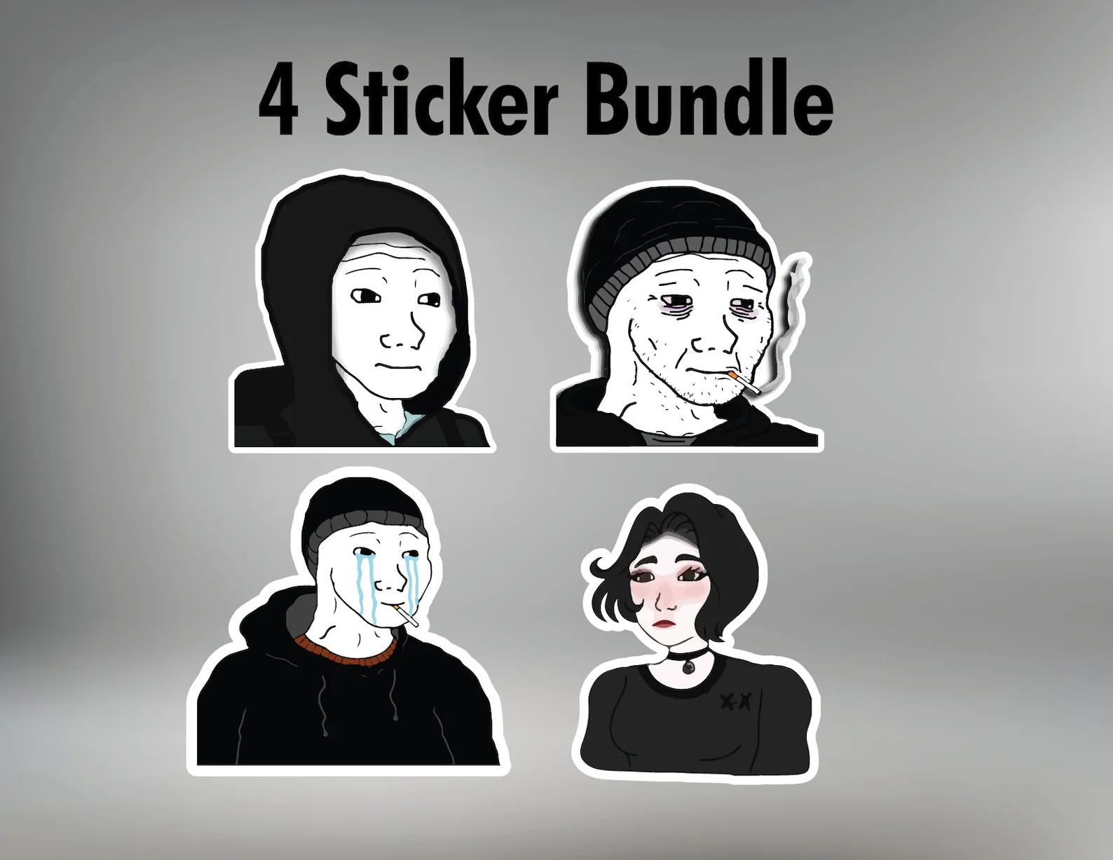 Wojak Doomer — Merchandise sticker bundle containing four Wojak character variations including dark-haired Doomer.