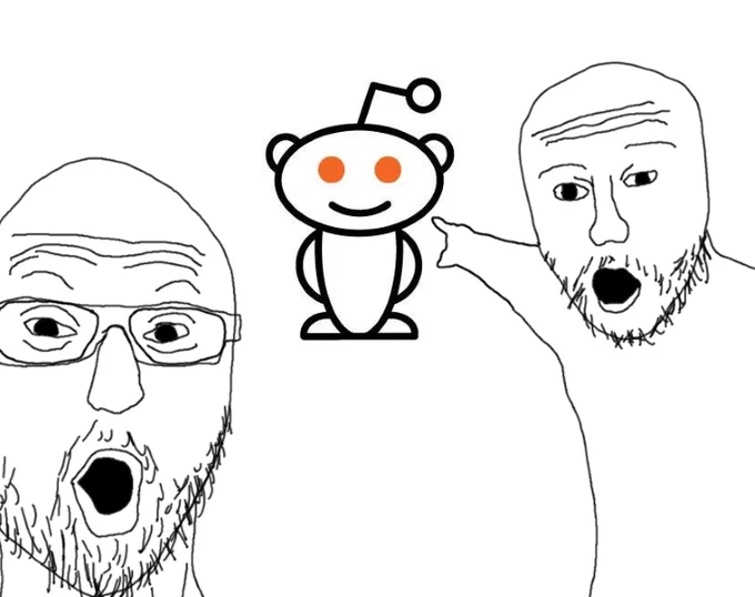 Crowd of gray NPC Wojak faces labeled with media company logos sharing one speech bubble