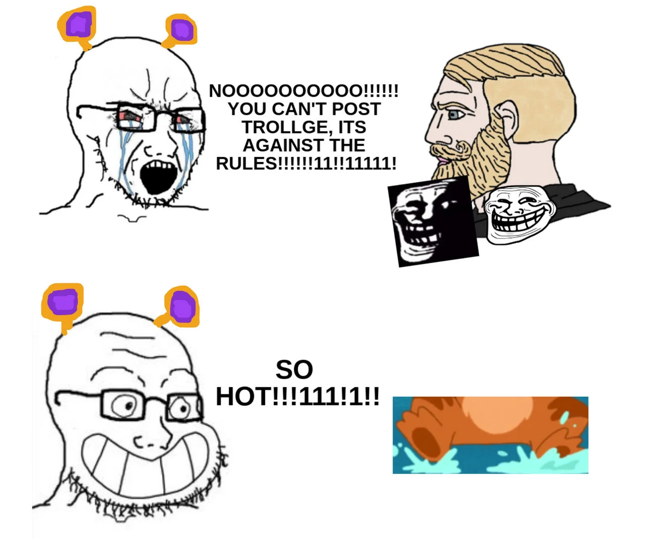 Four-panel comic featuring crying Soyjak and calm bearded Chad Wojak discussing trolling.