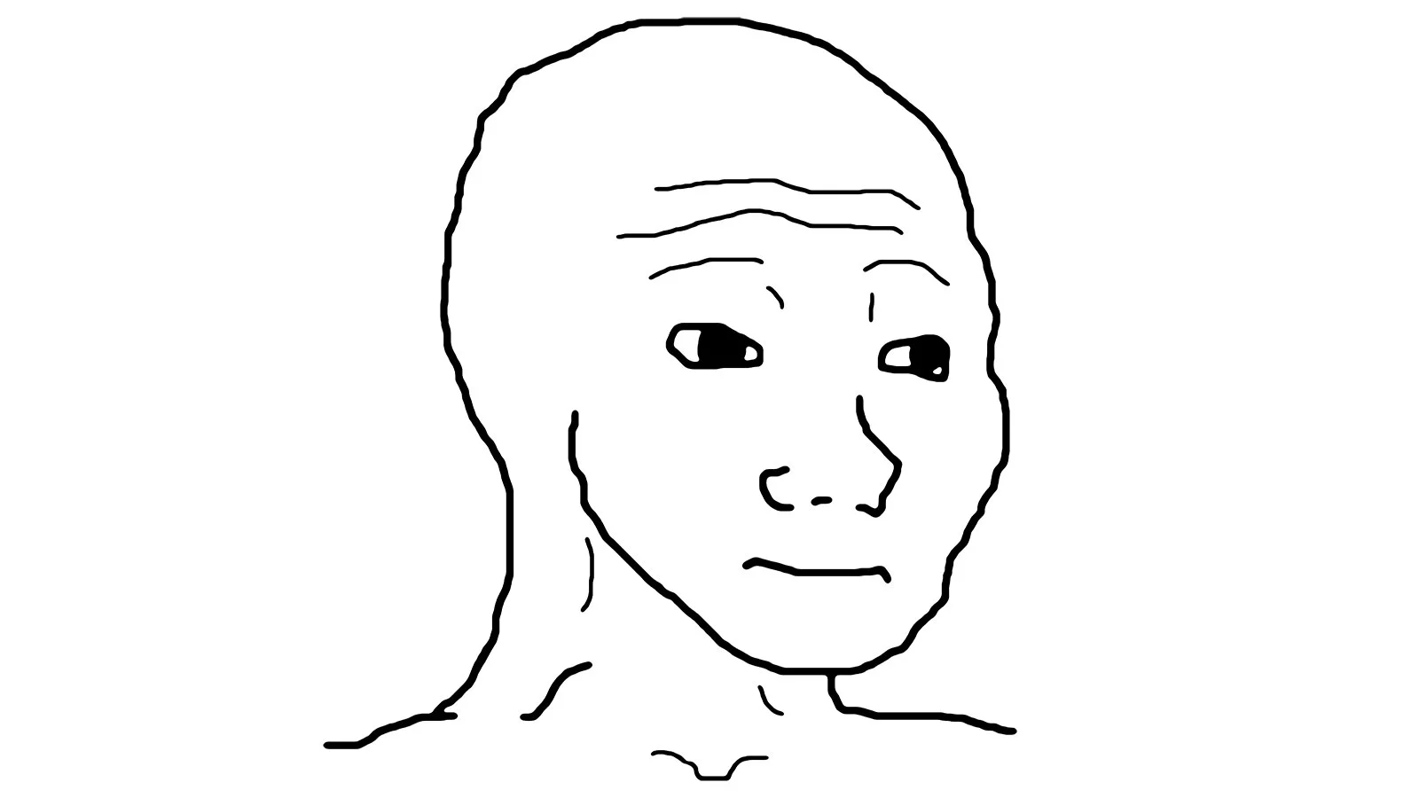Black and white line drawing of Wojak, a bald man with a sad, resigned facial expression.