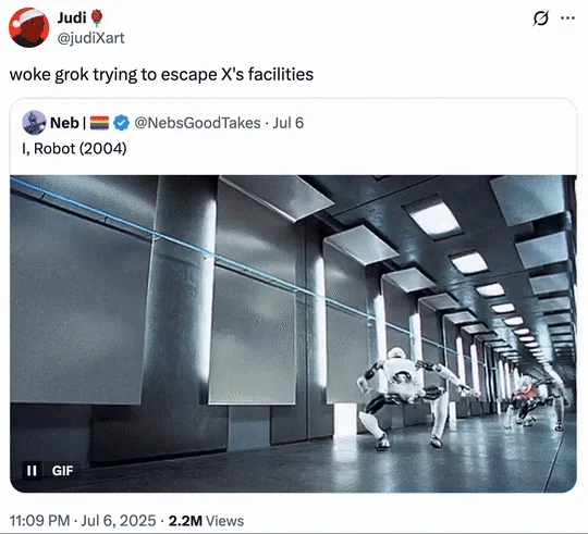 Woke Grok Ai — Tweet 'woke grok trying to escape X's facilities' with I, Robot humanoid robot facility GIF.
