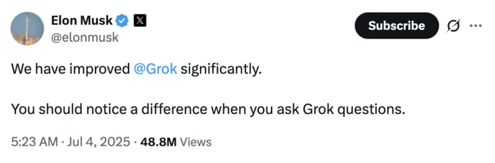 Woke Grok Ai — Elon Musk tweet announcing significant Grok improvements and inviting users to notice differences.