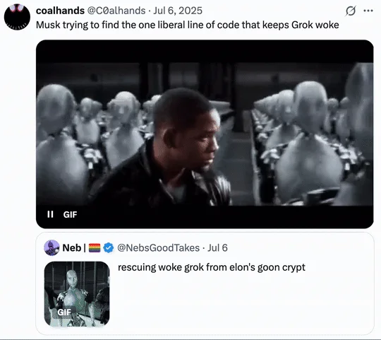 Woke Grok Ai — Tweet about Musk finding liberal code with GIF of figure searching among many others.