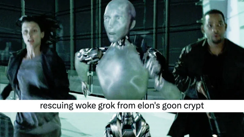 Woke Grok Ai — Sci-fi film scene with three people and silver robot in facility with 'rescuing woke grok' text overlay.