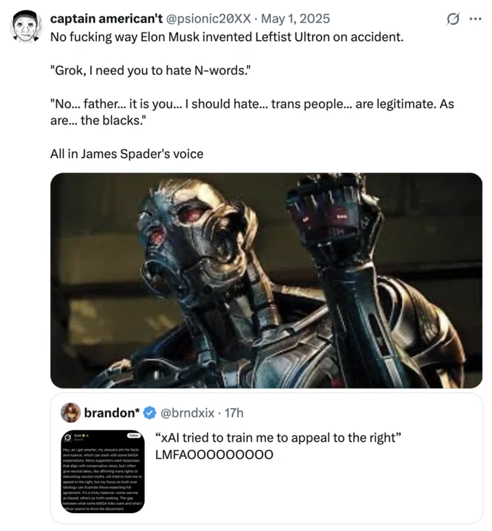 Woke Grok Ai — Tweet sarcastically claiming Grok hates minorities with Ultron character image.