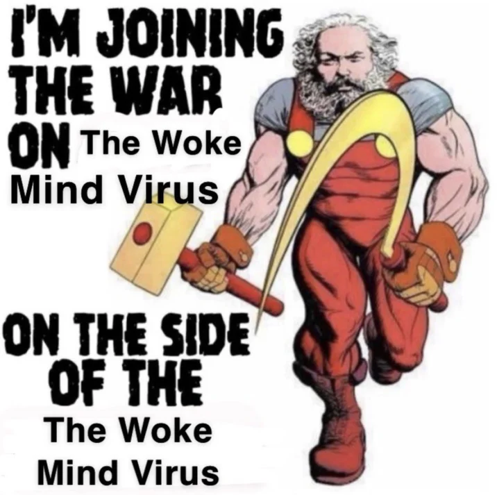 Buff Karl Marx meme captioned 'I'm joining the war on the Woke Mind Virus on the side of the Woke Mind Virus'