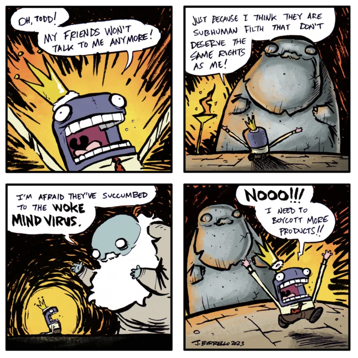 Woke Mind Virus — J. Burrello four-panel comic satirizing anti-woke outrage culture and the urge to boycott more products