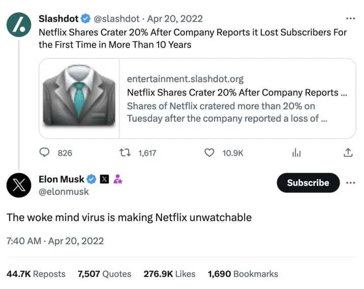 Elon Musk tweet responding to Netflix stock drop with 'The woke mind virus is making Netflix unwatchable'