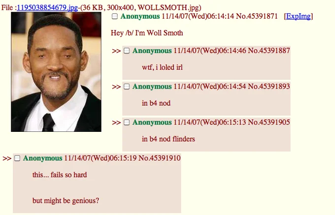 Screenshot of 4chan /b/ thread with Will Smith photo captioned 'Hey /b/ I'm Woll Smoth'