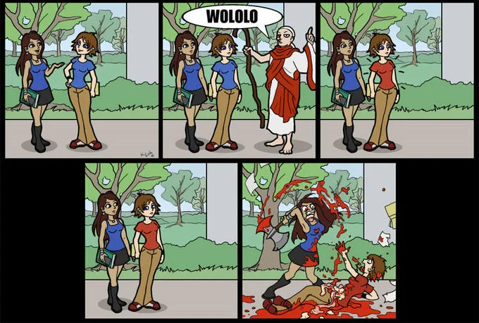 Comic strip of a monk shouting 'WOLOLO' converting a girl who then attacks her friend