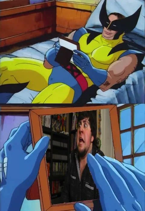 Wolverine Crush meme with a female face edited onto Wolverine and a shocked man's photo in the frame.