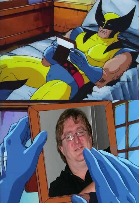Wolverine Crush meme featuring a photo of Gabe Newell in the frame.