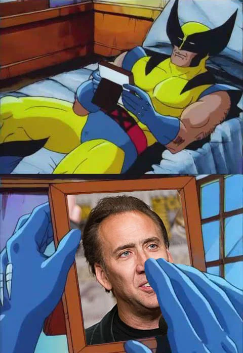 Wolverine Crush meme featuring a photo of Nicolas Cage in the frame.