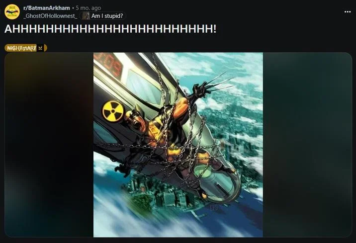 Wolverine Strapped To A Nuke — Reddit post from r/BatmanArkham featuring Wolverine nuke image with screaming title