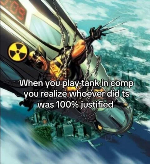 Wolverine Strapped To A Nuke — Wolverine nuke meme with gaming text about playing tank in competitive mode