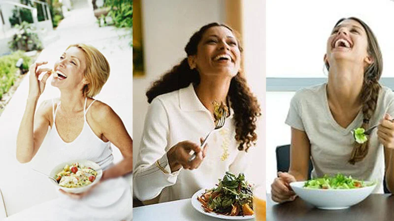 Women Laughing Alone With Salad — Triptych collage of three stock photos showing women laughing with salad.