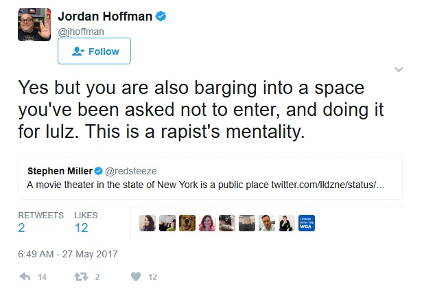Women Only Wonder Woman Screening — Jordan Hoffman tweet calling male intrusion into women-only screenings a rapist's mentality