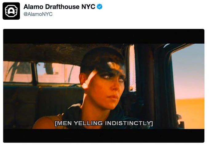 Women Only Wonder Woman Screening — Alamo Drafthouse NYC tweet with Mad Max Furiosa still captioned MEN YELLING INDISTINCTLY