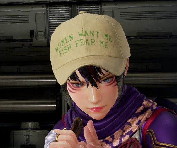 "Women Want Me, Fish Fear Me" Hat Parodies — White baseball cap embroidered with the phrase 'fish want to have a beer with me, woman want to fix me.'