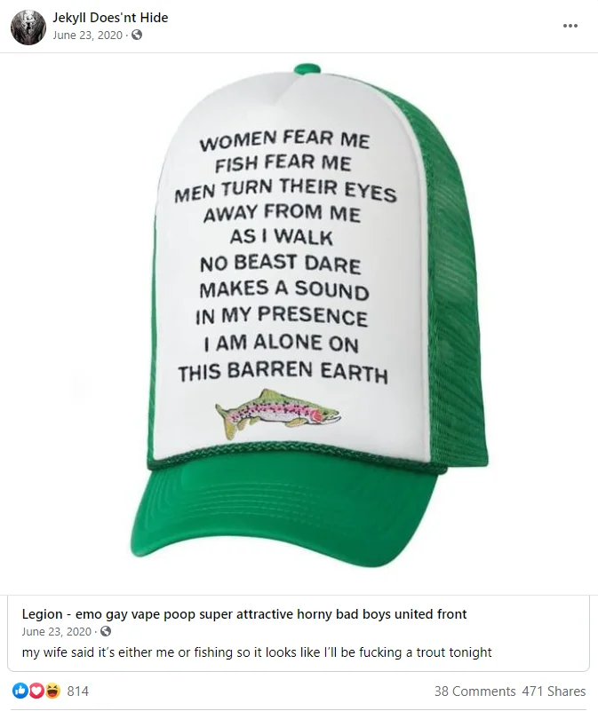 "Women Want Me, Fish Fear Me" Hat Parodies — Facebook screenshot showing a green and white cap embroidered with an extended parody of the Women Want Me, Fish