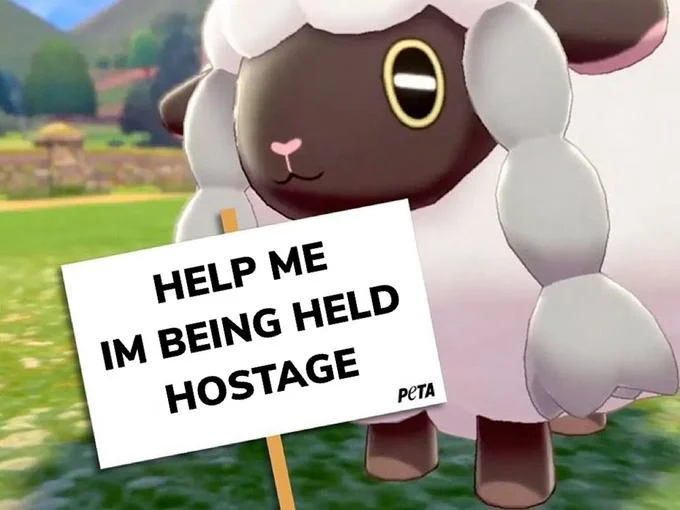 Wooloo holding a protest sign reading 'shut the fuck up corporation'