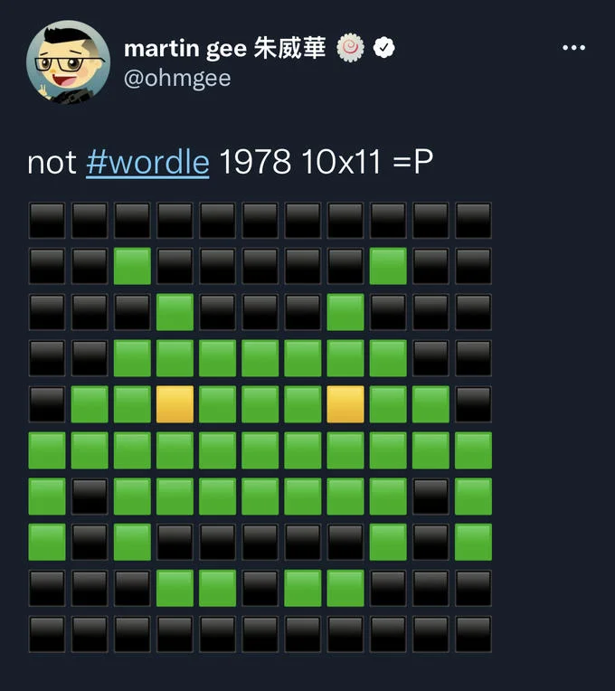 Wordle Memes — Twitter post showing mathematical grid pattern captioned 'not wordle 1978 10x11'.