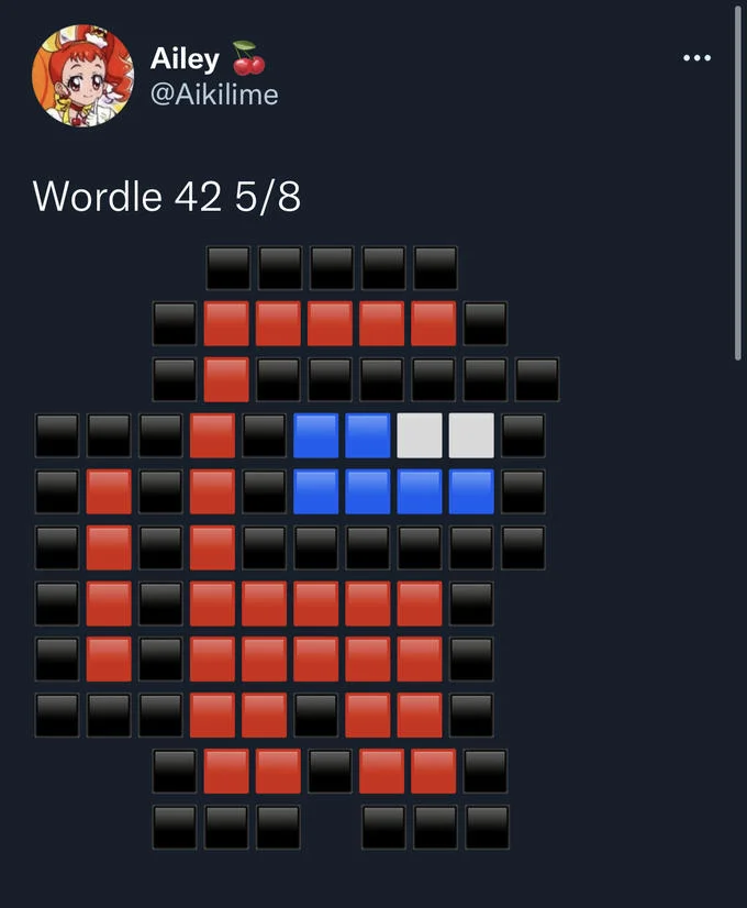 Wordle Memes — Twitter post showing Wordle game result solved on attempt 5 of 8 games labeled 'Wordle 42'.