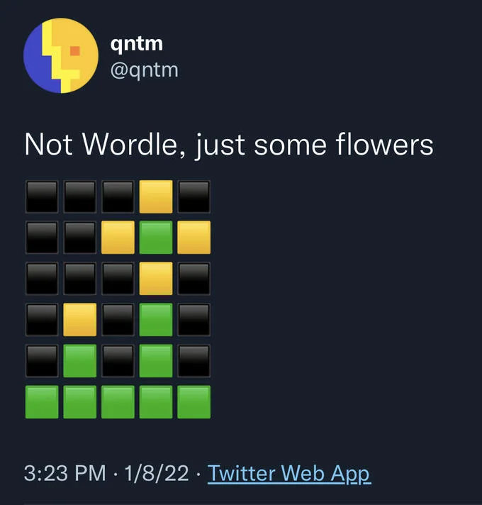 Wordle Memes — Tweet displaying vibrant colored grid captioned 'Not Wordle, just some flowers'.