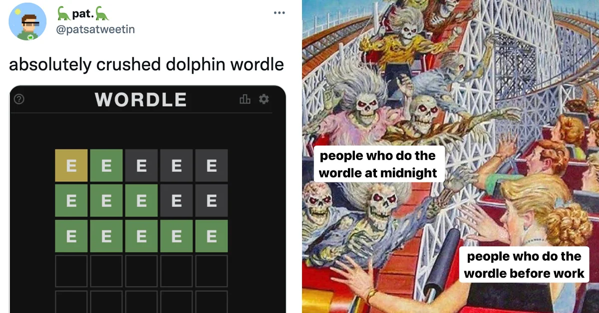 Wordle Memes — Twitter post showing Wordle grid overlaid on Where's Waldo image comparing midnight versus before work players.