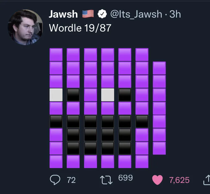 Wordle Memes — Twitter post showing Wordle result with purple squares completed on attempt 19 of 87 games.