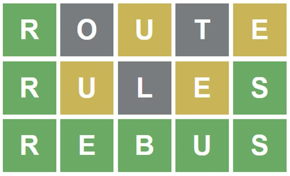 Wordle Memes — Three Wordle game results displayed showing ROUTE, RULES, and REBUS with colored letter squares.