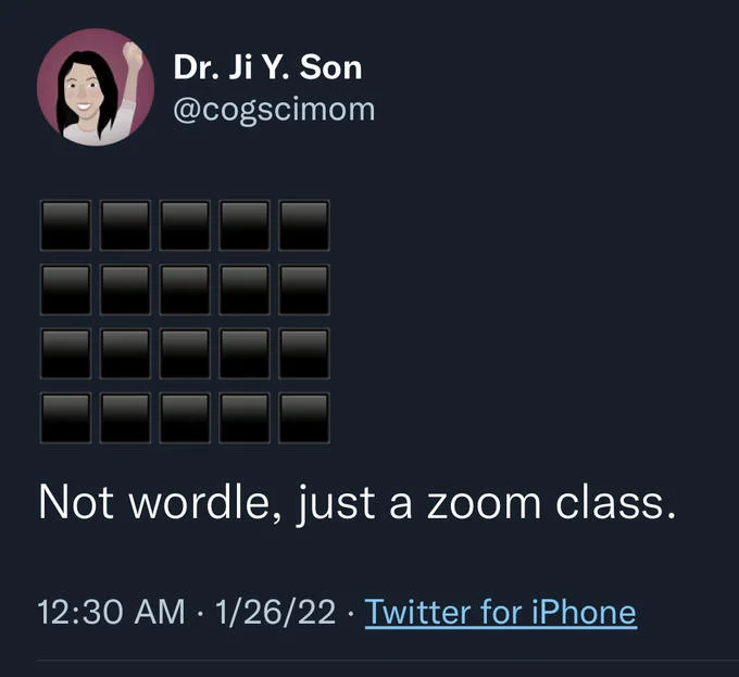 Wordle Memes — Social media post with Wordle result grid captioned 'Not wordle, just a zoom class'.