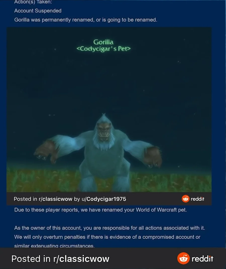 World of Warcraft Classic — Reddit post about Blizzard renaming a WoW Classic pet named Gorilla