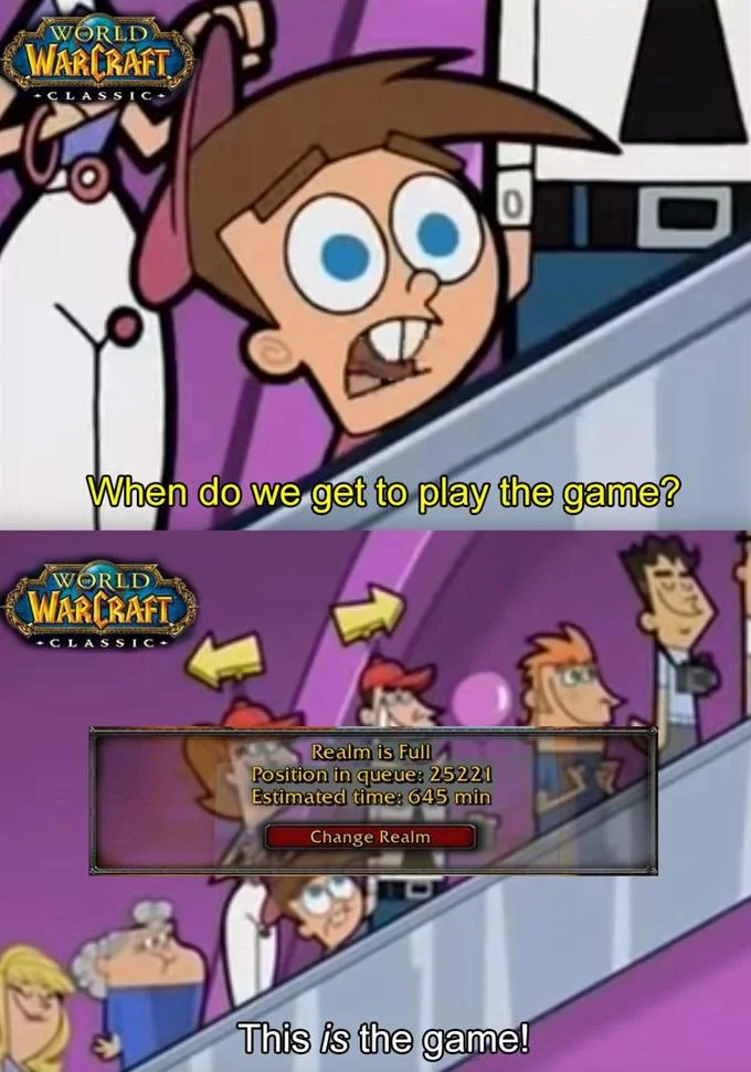 World of Warcraft Classic — Timmy Turner meme joking that waiting in the WoW Classic realm queue is the game