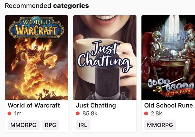World of Warcraft Classic — Twitch recommended categories showing World of Warcraft at 1 million viewers