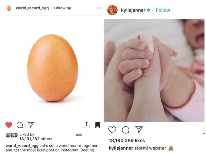 World Record Egg — Side-by-side Instagram comparison showing the egg post surpassing Kylie Jenner's baby Stormi photo in likes.