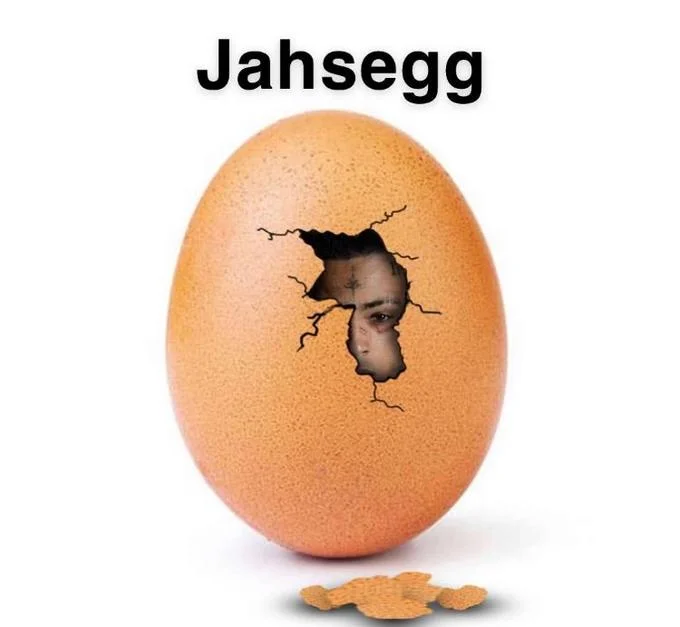 Meme showing the world record egg cracked open with XXXTentacion's face inside, captioned Jahsegg.
