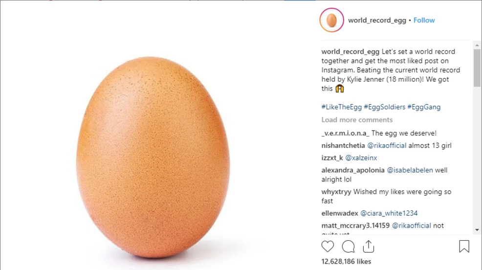 World Record Egg — Instagram screenshot of the world_record_egg post showing a brown egg with the caption about beating Kylie Jenner's like record.