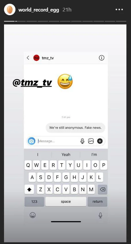 Instagram Story showing the world record egg account replying to TMZ, stating they remain anonymous.