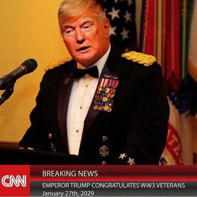 World War III — Fake CNN news graphic of Donald Trump as emperor congratulating WW3 veterans
