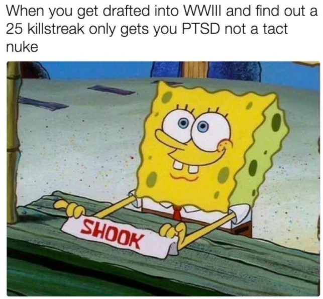 World War III — SpongeBob shook meme joking about WW3 draft and Call of Duty killstreaks