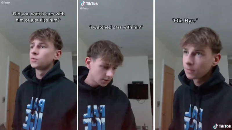 Worse Than Cheating — Three-panel TikTok screenshot of a young man in a black hoodie with captions about watching the movie Cars being worse than kissing