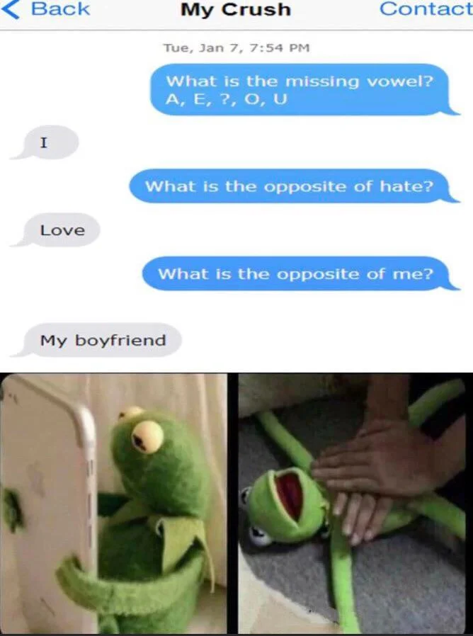 Worst She Can Say Is No — Fake text messages with crush ending in 'my boyfriend' reply paired with Kermit self-strangling images