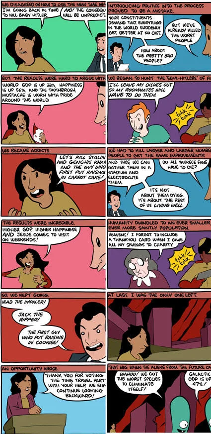 Would You Kill Baby Hitler — Lengthy comic strip exploring philosophical and ethical implications of killing Baby Hitler.